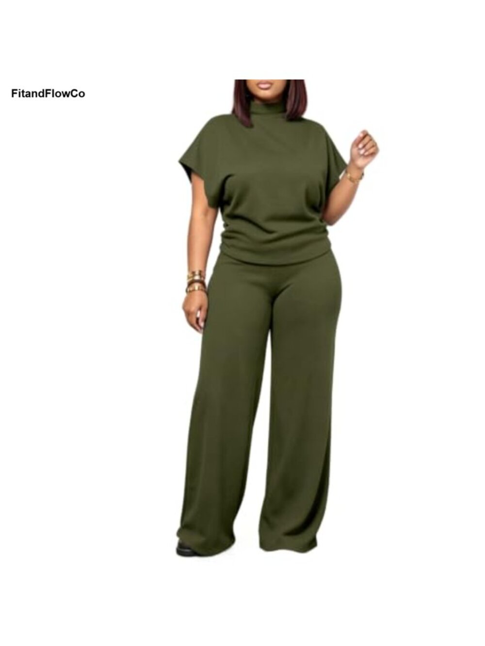 Fleece Lined 2 Piece Set Wide Leg Pants Mock Neck Batwing Sleeve Lounge Set